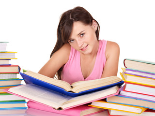 Girl holding stack color book. Isolated.