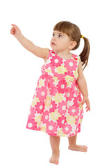 Little girl with empty pointing hand, isolated on white