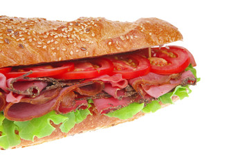 fresh white baguette with smoked sausage