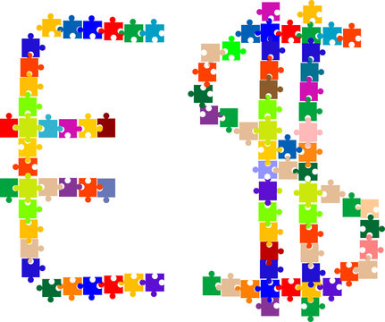 images of dollar and pound made of colorful pazzles