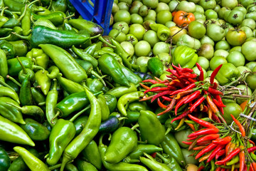 Organic Fresh Ripe Peppers and Tomatoes At A Street Market In Is