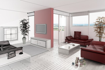 Red Wall in a White Loft (3d)