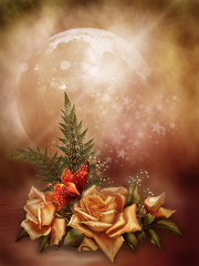 Romantyczne tło z żółtymi różami i motylem - obrazy, fototapety, plakaty