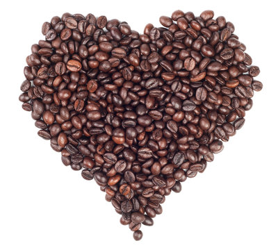 Heart made with coffee beans isolated on white