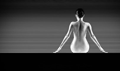 black and white artistic nude; a back silhouette shot on striped - obrazy, fototapety, plakaty