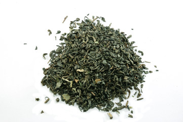 Green tea closeup on white background