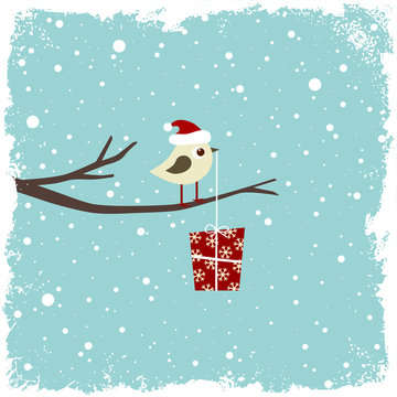 Winter card with bird and gift box