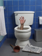 Hand reaches up through the seat from out of a toilet.