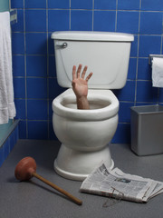Hand reaches up through the seat from out of a toilet.