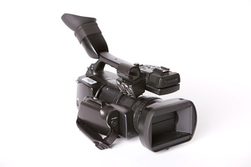 Professional video camcorder on white background