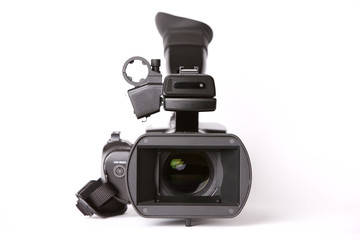 Professional video camcorder on white background