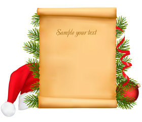 Red bow with ribbons and Santa hats and gift box. Vector.