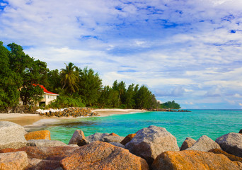 Hotel at tropical beach, Praslin, Seychelles