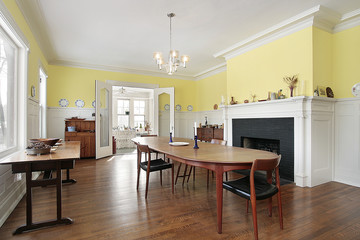 Dining room with black fireplace