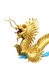 vertical golden dragon statue with isolated background