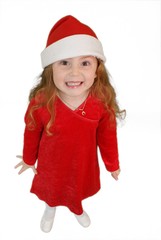 Little girl in Christmas hat , isolated on white
