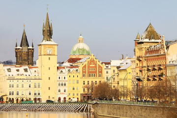 Obraz premium First Snow in Prague, Old Town in the sunny Day