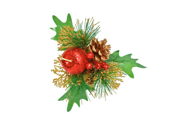Christmas ornament - branch of green pine, red apple and cone