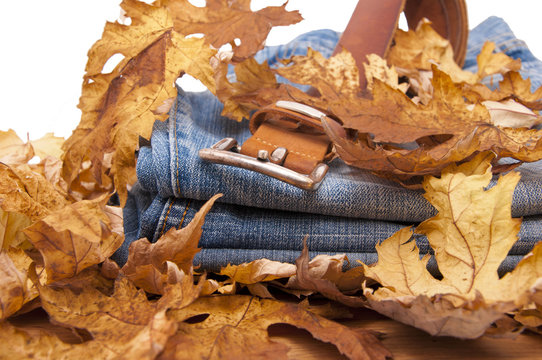 Blue jeans and belt buried fallen autumn leaves