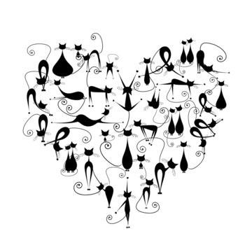 I love cats! Black cats silhouette in heart shape