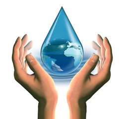 hands with a blue drop with globe inside