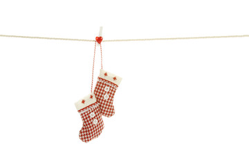 Christmas stockings hanging from a clothesline.