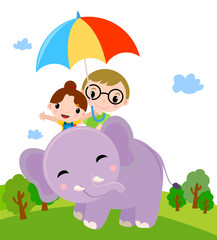 two kids with umbrella and elephant