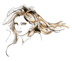 Hand-drawn fashion model. Vector illustration. Woman's face