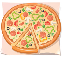 Pizza with salami, cheese and vegetables