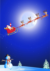 santa's sleigh flying over snowman