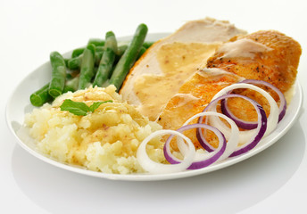 Roasted turkey slices with mashed potatoes