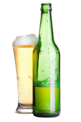 Beer in bottle and glass isolated on white