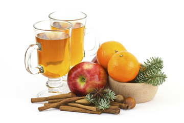 glass of apple juice, fresh fruits and spices