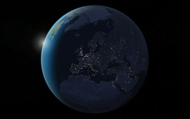 Planet earth with sunrise in space