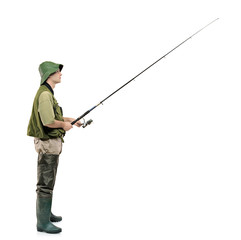 Full length portrait of a fisherman holding a fishing pole