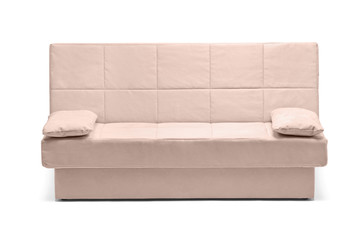 A studio shot of a modern white sofa