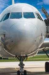 Fototapeta na wymiar Zbliżenie nosa samolotu z kabiną pilotów z błękitnego nieba