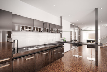 Moderne schwarze Küche Interior 3d render