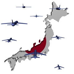 Abstract planes flying towards Japan map flag illustration