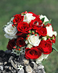 Wedding rings and bridal bouquet