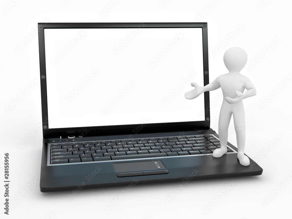 Poster man with laptop on white isolated background