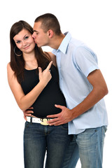 Naklejka premium Embarrased young girl pointing finger to her boyfriend isolated