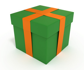 Green gift box with orange ribbon, with clipping path