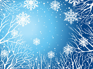 Fototapeta na wymiar Winter sky with trees and snowflakes