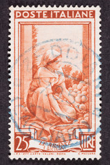 Drawing Woman Sorting Fruit, Used Italian Stamp, Cancellation