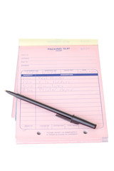 Pink Packing Slip List, Pen, Pad Isolated White Background