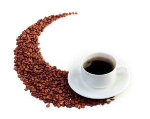 Coffee cup and grain on white background