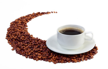 Coffee cup and grain on white background