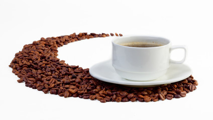 Coffee cup and grain on white background