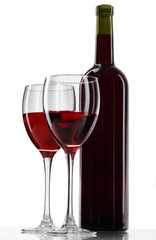 bottle with red wine and glass